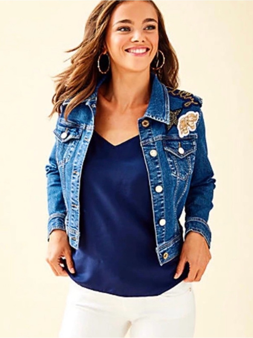 Lilly Pulitzer Seaspray Denim Jacket Large with patches limited edition